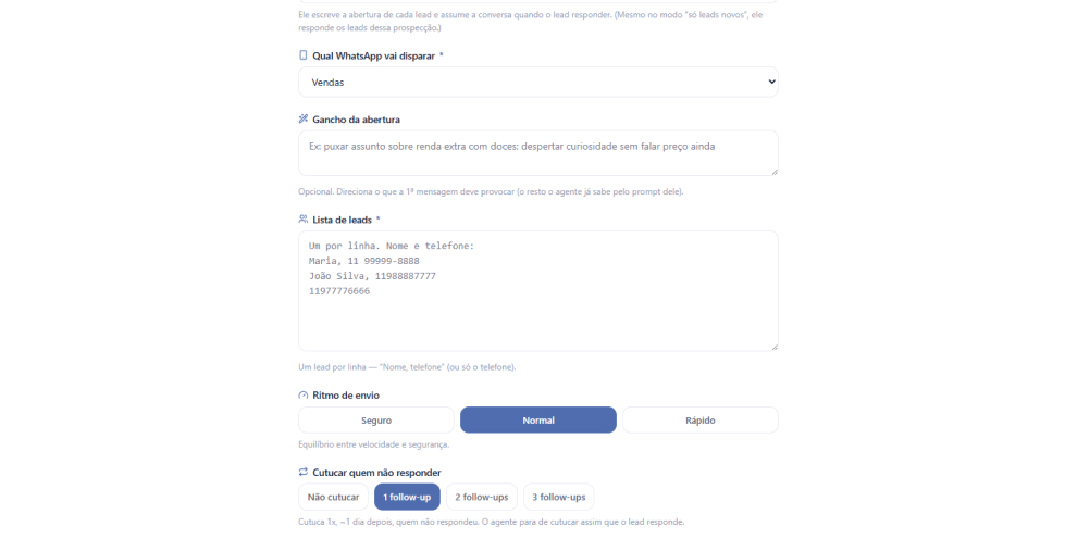 Prospecção outbound: sobe a lista de leads e o agente vende 1 a 1
